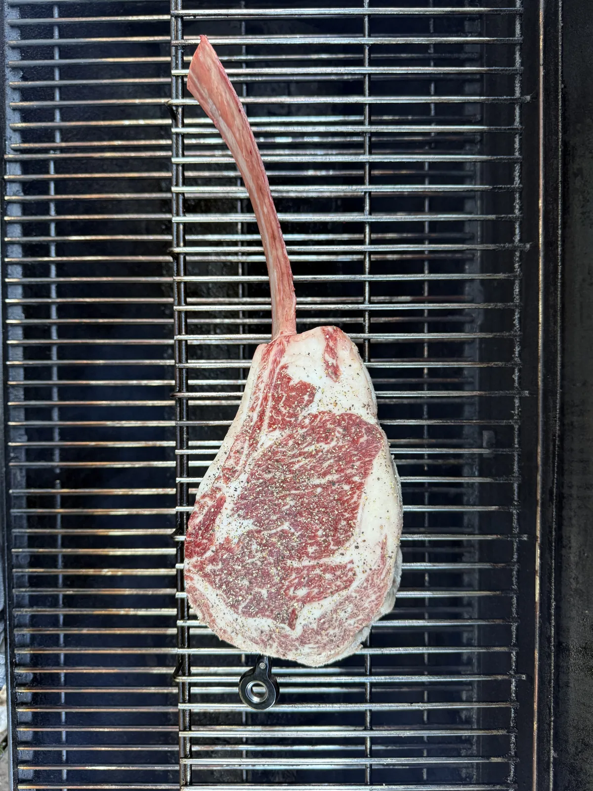 Raw marbled Wagyu tomahawk on the smoker grate