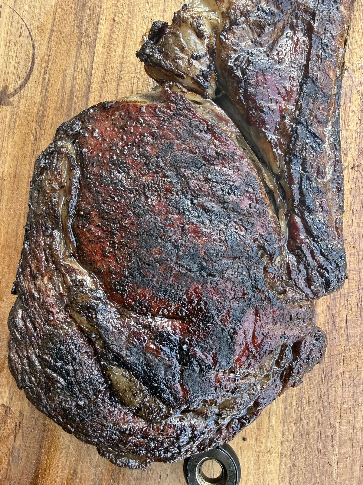 Close view of the seared crust on the Wagyu tomahawk